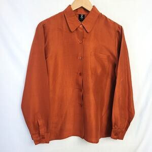 g Blouse Rust 100% Silk Button‑Up Shirt M Minimalist Fall Collared Top
